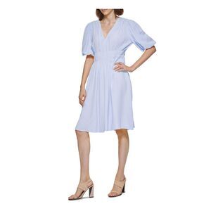 CALVIN KLEIN Womens Light Blue Pullover Pouf Sleeve Fit + Flare Dress 12